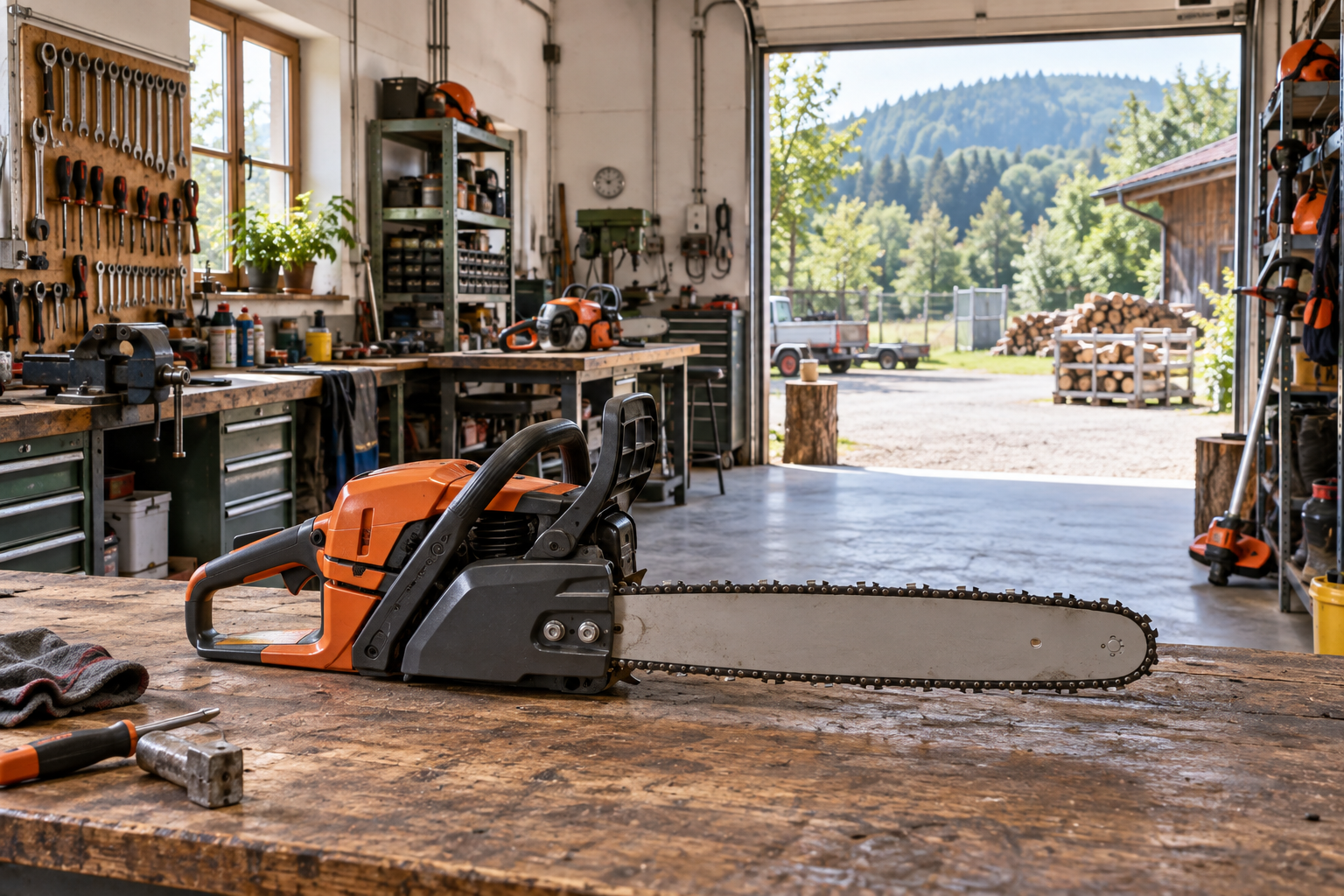 Motorsäge und Forsttechnik in einer hellen Werkstätte mit Blick auf den Betriebshof